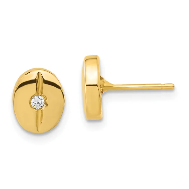 Pair of gold stud earrings with oval faces featuring a polished finish and small round diamonds set in the center, shown from front and side views.