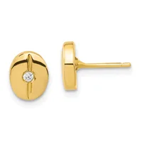 Pair of gold stud earrings with oval faces featuring a polished finish and small round diamonds set in the center, shown from front and side views.
