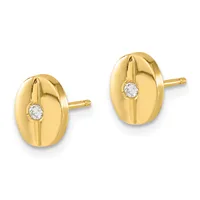 A pair of gold oval stud earrings with vertical grooved details and small round diamond accents in the center, shown from the front.