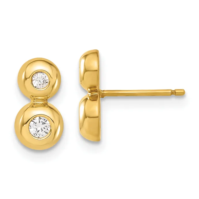 Pair of gold stud earrings with two round white diamonds set in spherical bezels connected by a narrow band, shown from front and side views.