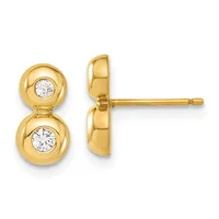 Pair of gold stud earrings with two round white diamonds set in spherical bezels connected by a narrow band, shown from front and side views.