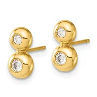 Pair of gold stud earrings featuring two stacked spheres per earring, each sphere set with a round white diamond, shown from the front.