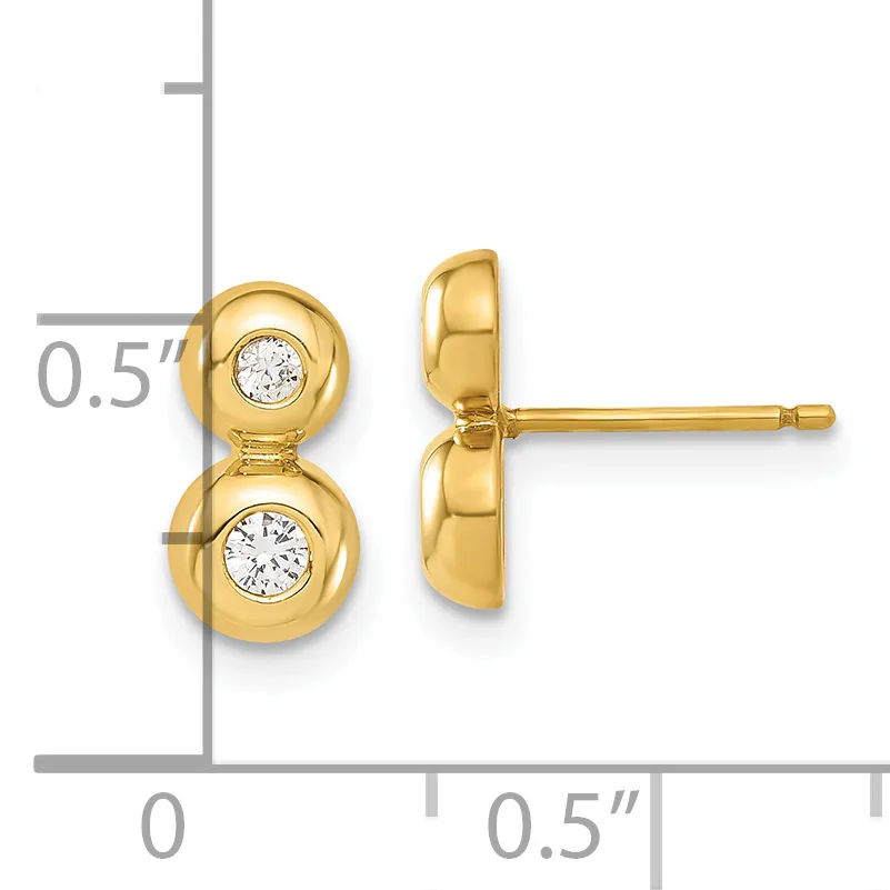 Gold stud earrings with two bezel-set round diamonds stacked vertically on each earring, shown front and side view with a measurement scale.