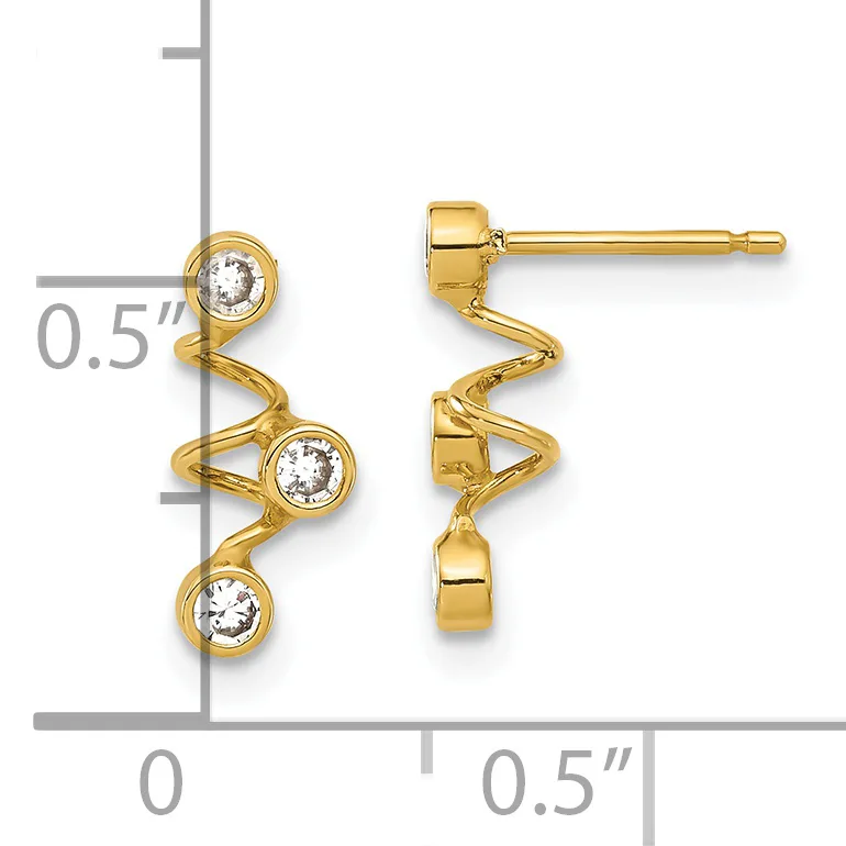 Gold stud earrings with three round white stones arranged vertically in a wavy gold setting, shown from front and side views with a measurement scale.