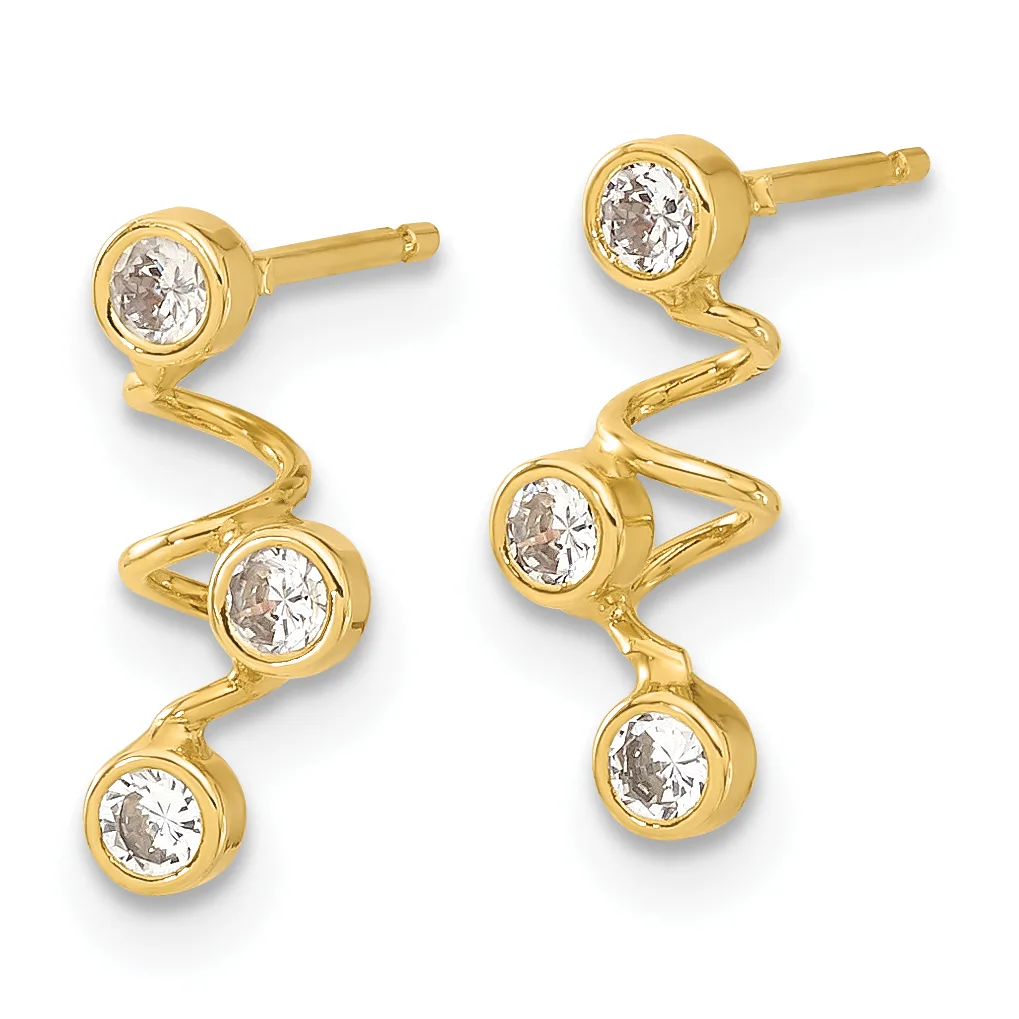 Pair of gold dangle earrings with bezel-set round white stones arranged in a curved, flowing design with three stones per earring.