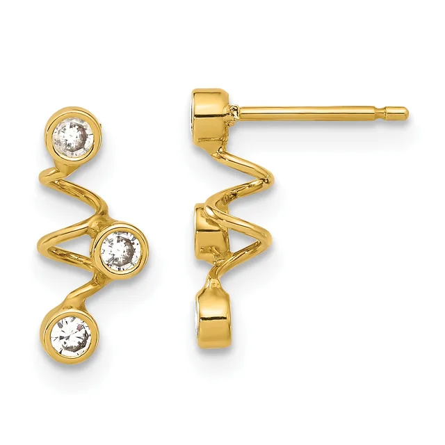 Pair of gold stud earrings with three round white stones arranged in a curved line down each earring, shown from front and back views.