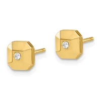 A pair of gold stud earrings with octagonal faces and small round diamond centers, shown from a front angle.