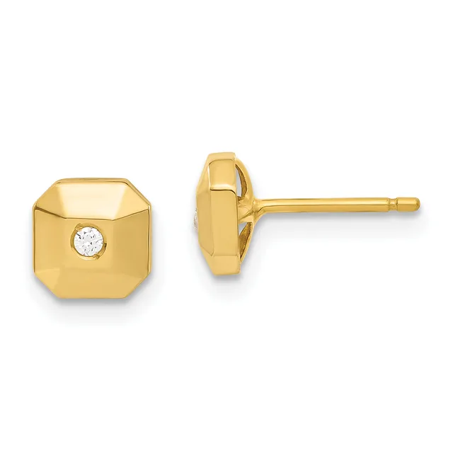 A pair of gold stud earrings with octagonal faces, each featuring a small round diamond set in the center, shown from front and side views.