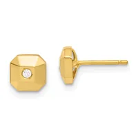 A pair of gold stud earrings with octagonal faces, each featuring a small round diamond set in the center, shown from front and side views.