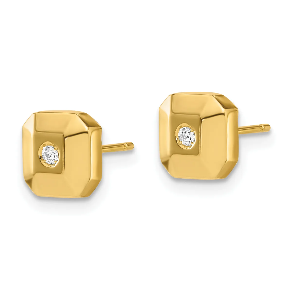 Pair of gold square stud earrings with rounded corners, each featuring a small round diamond set in the center, shown from the front and angled views.