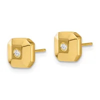 Pair of gold square stud earrings with rounded corners, each featuring a small round diamond set in the center, shown from the front and angled views.