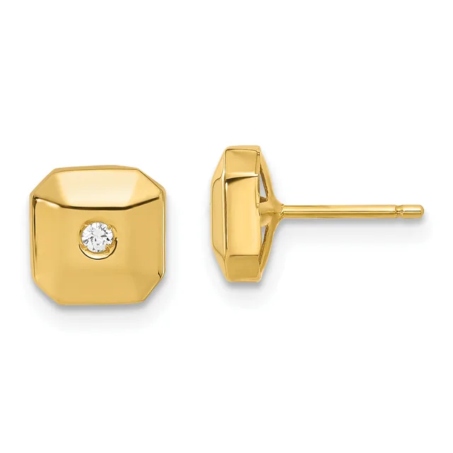 Pair of gold stud earrings with square cushion-shaped faces, each featuring a small round white gemstone, shown from front and side views.