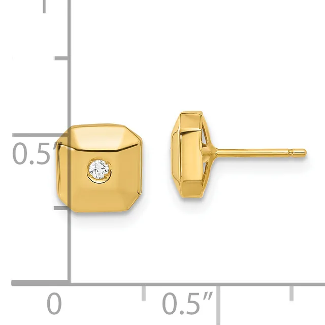 Pair of gold stud earrings with square cushion shapes, each featuring a small round diamond in the center, shown with a measurement scale indicating approximately half an inch in size.