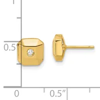 Pair of gold stud earrings with square cushion shapes, each featuring a small round diamond in the center, shown with a measurement scale indicating approximately half an inch in size.