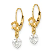 Pair of gold lever-back earrings with flower-shaped pearl settings at the top and faceted clear crystal heart charms hanging below.