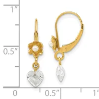 Pair of gold lever-back earrings with pearl flower tops and clear crystal heart-shaped drops, displayed against a measurement ruler.