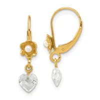 Pair of gold lever-back earrings with flower-shaped pearl studs and faceted clear crystal heart drops.