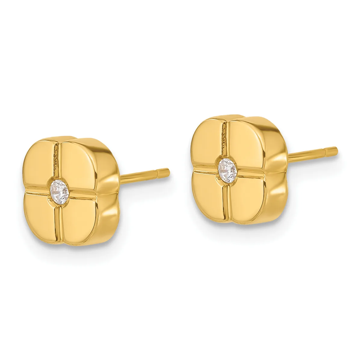 Pair of gold stud earrings with squared rounded faces divided by a cross design, each centered with a small oval diamond, shown from front and three-quarter angles.