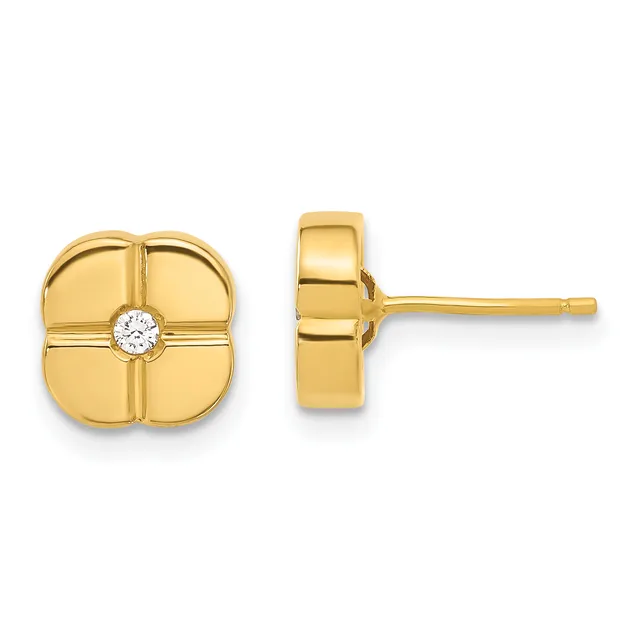 Pair of gold stud earrings with clover-shaped faces featuring a diamond center stone, shown from front and side views.