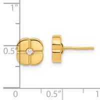 Pair of gold stud earrings with clover-shaped faces featuring center diamond stones, shown front and side view with measurement scale.