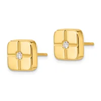 Pair of gold-toned square stud earrings with rounded edges, each featuring a small oval diamond accent in the center, shown from the front.