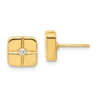 A pair of gold stud earrings with square faces featuring a cross design and a small round diamond at the center, shown from front and side views.
