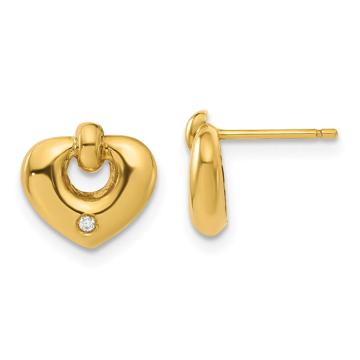 A pair of gold heart-shaped stud earrings with small diamond accents, shown from front and side views.