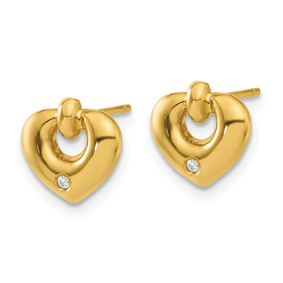 A pair of gold-colored heart-shaped earrings with small diamond accents and matching posts, displayed side by side.