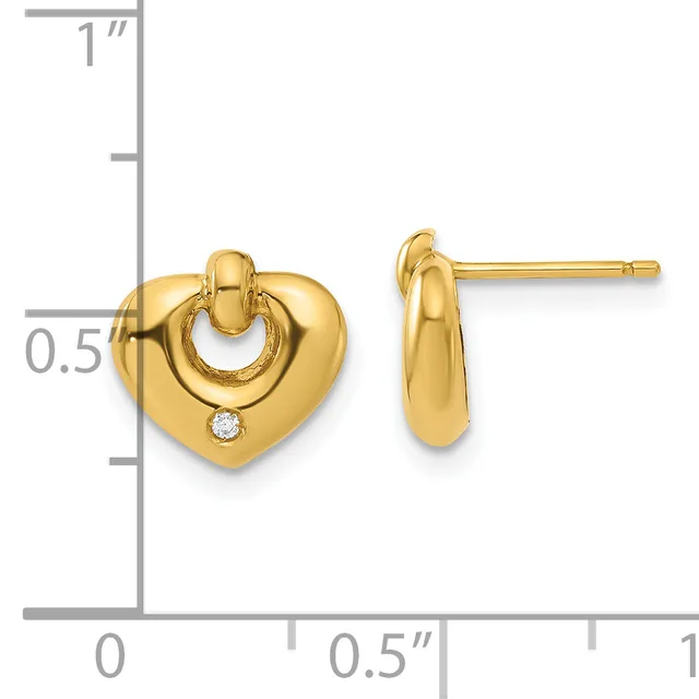 Pair of gold heart-shaped stud earrings with small diamond accents, shown at actual size on a measurement scale.