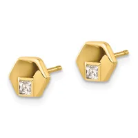 A pair of gold hexagonal stud earrings, each featuring a square white diamond set in the center, shown from the front against a white background.