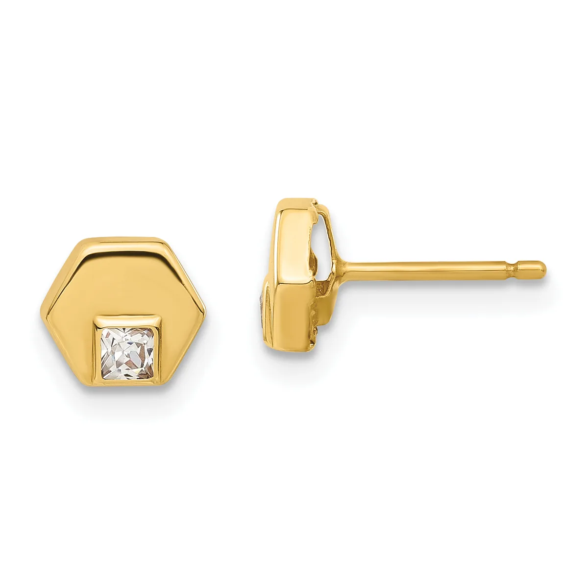 A pair of gold hexagonal stud earrings, each featuring a square-cut diamond or crystal stone in the center, shown from front and side views.