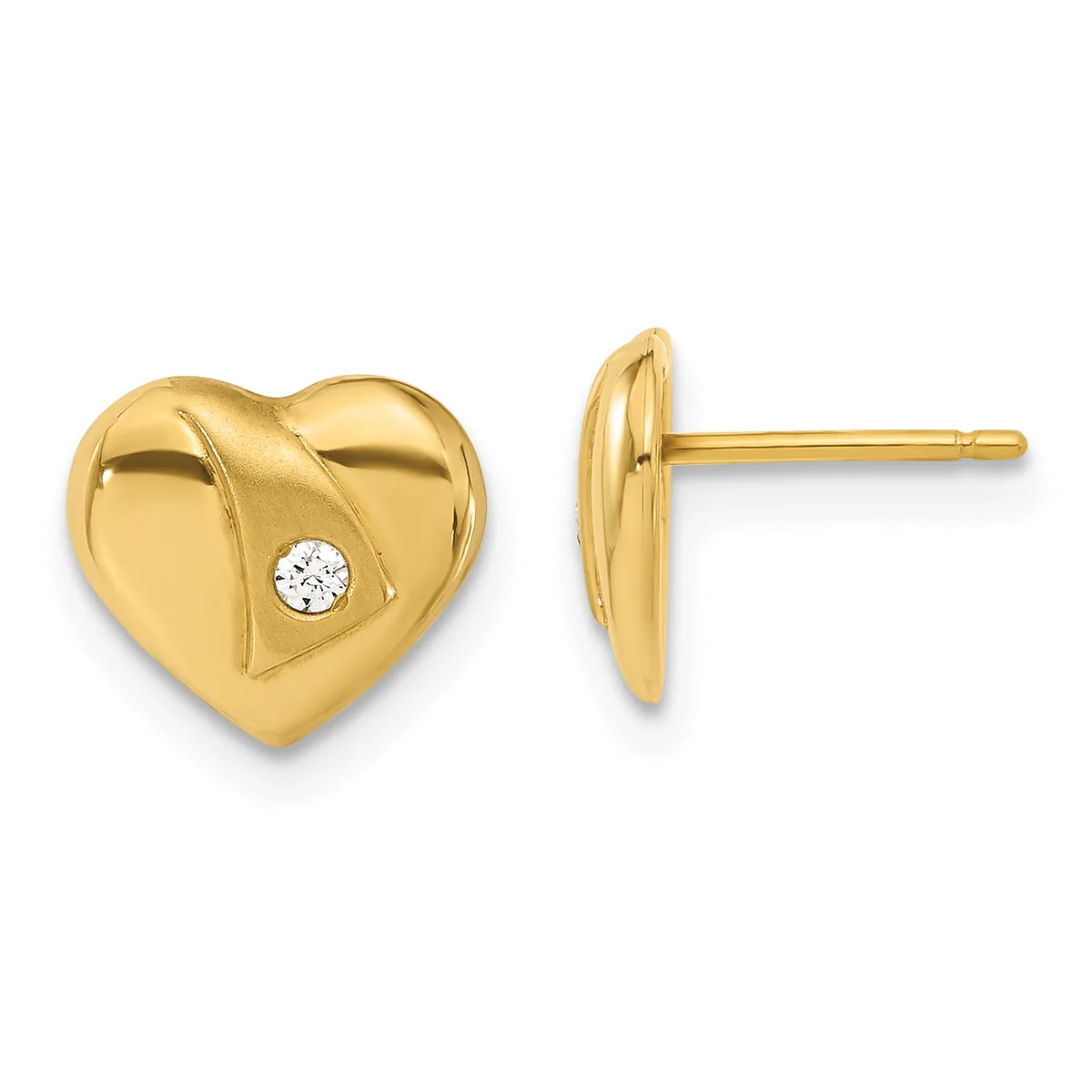 Pair of gold heart-shaped stud earrings with a twisted surface pattern and a small white diamond accent on each, shown from front and side views.