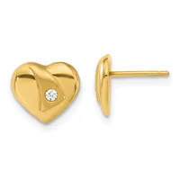 Pair of gold heart-shaped stud earrings with a twisted surface pattern and a small white diamond accent on each, shown from front and side views.