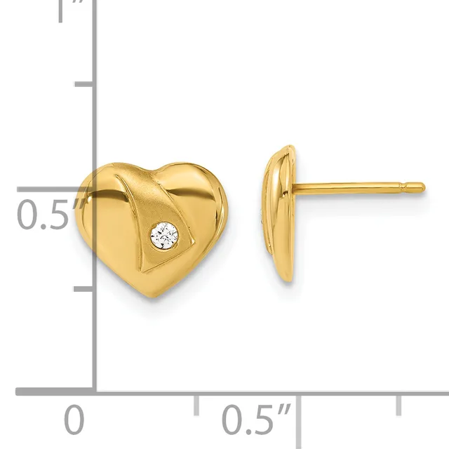 A pair of gold heart-shaped stud earrings with a diamond accent, shown from front and side views next to a measurement scale.