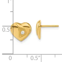 A pair of gold heart-shaped stud earrings with a diamond accent, shown from front and side views next to a measurement scale.