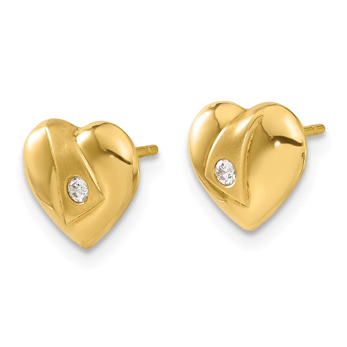 A pair of gold heart-shaped stud earrings with a brushed finish and diagonal grooved detail, each set with a small round diamond, shown from the front.