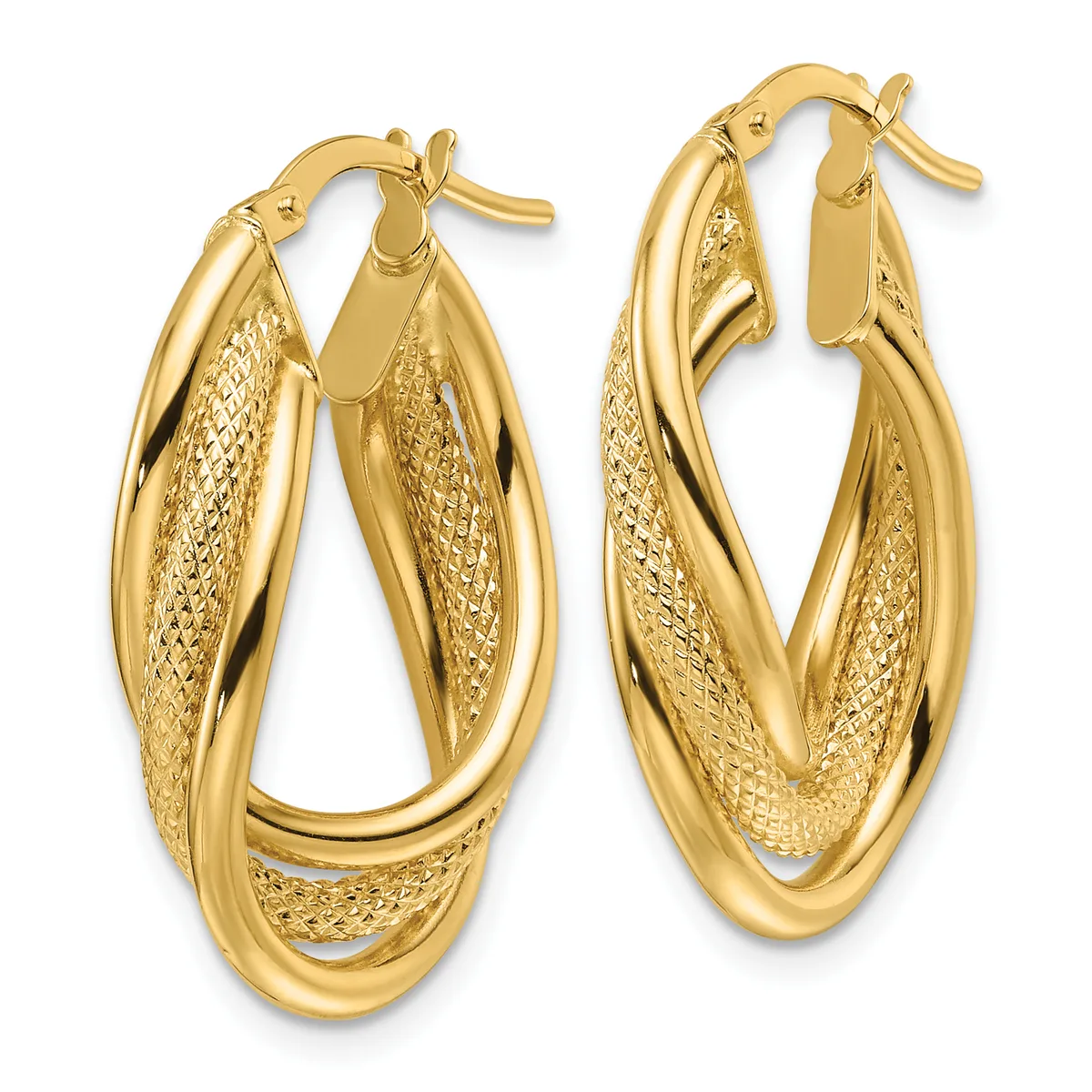 Pair of gold-toned textured and polished double hoop earrings with post and clutch closures, displayed against a white background.