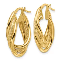 Pair of gold-toned textured and polished double hoop earrings with post and clutch closures, displayed against a white background.