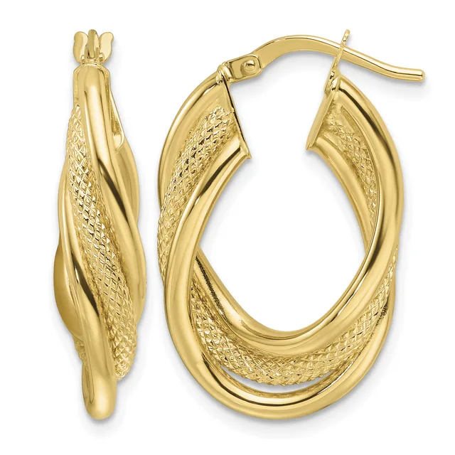 A pair of gold twisted hoop earrings with textured and polished surfaces, shown from front and side views with posts and backs.