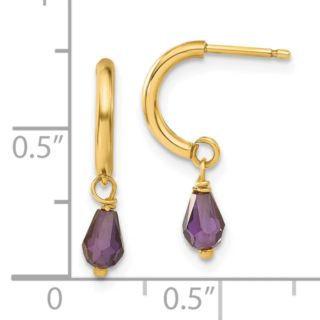 Gold hoop earrings with faceted purple teardrop gemstone charms, shown next to a ruler indicating approximately half-inch diameter.