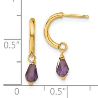 Gold hoop earrings with faceted purple teardrop gemstone charms, shown next to a ruler indicating approximately half-inch diameter.