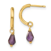 Pair of gold hoop earrings with faceted purple teardrop gemstone dangles attached by small loops.