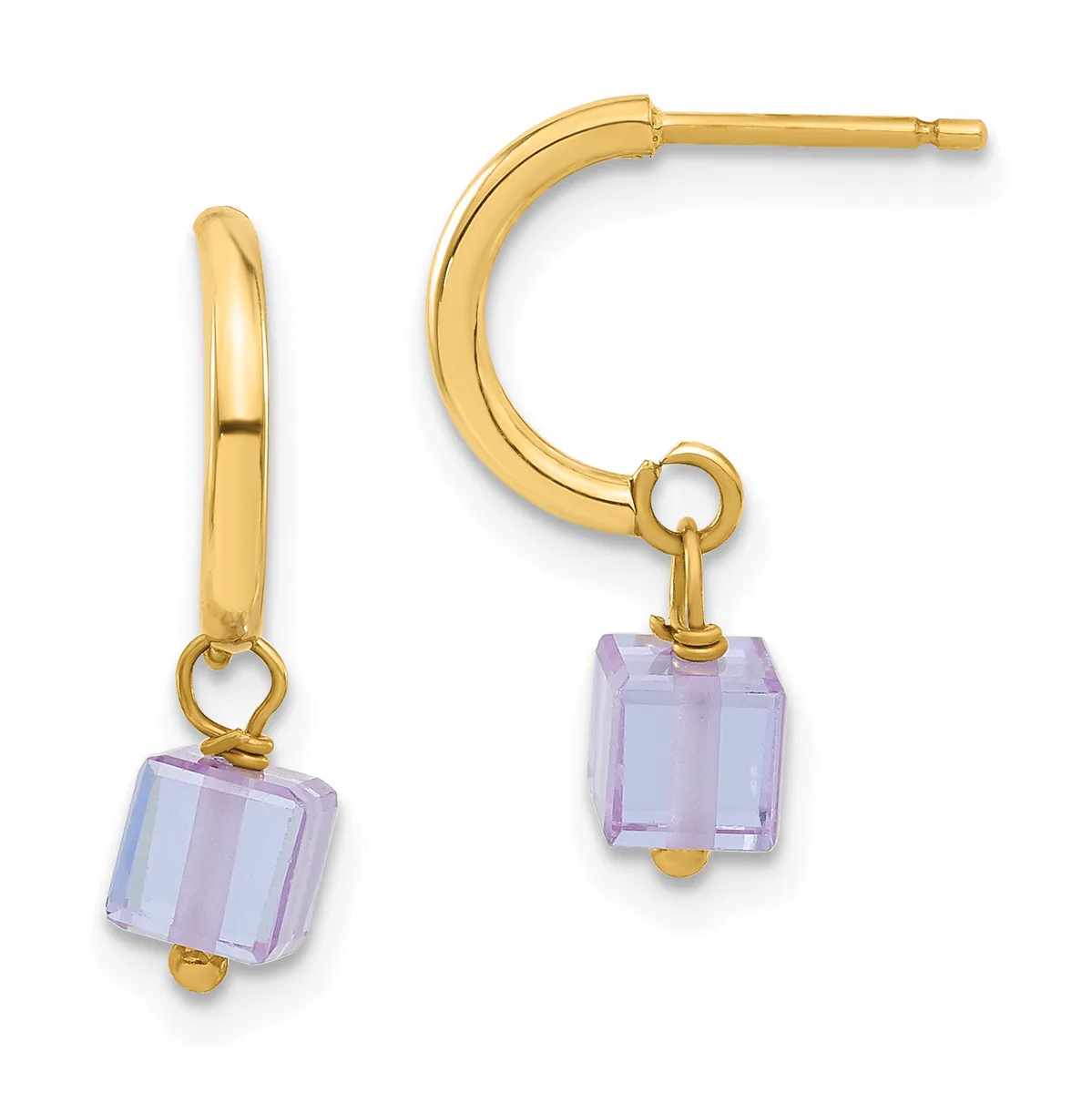 Pair of gold-toned hoop earrings with square lavender gemstone drops attached by small loops.