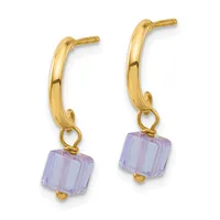 Pair of gold-toned hoop earrings with cubic purple amethyst gemstone drops attached by small loops.
