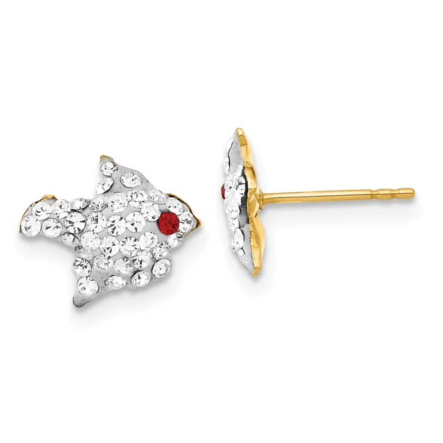 Pair of gold stud earrings shaped like fish, decorated with clear crystals and a single red crystal for the eye, shown from front and side views.