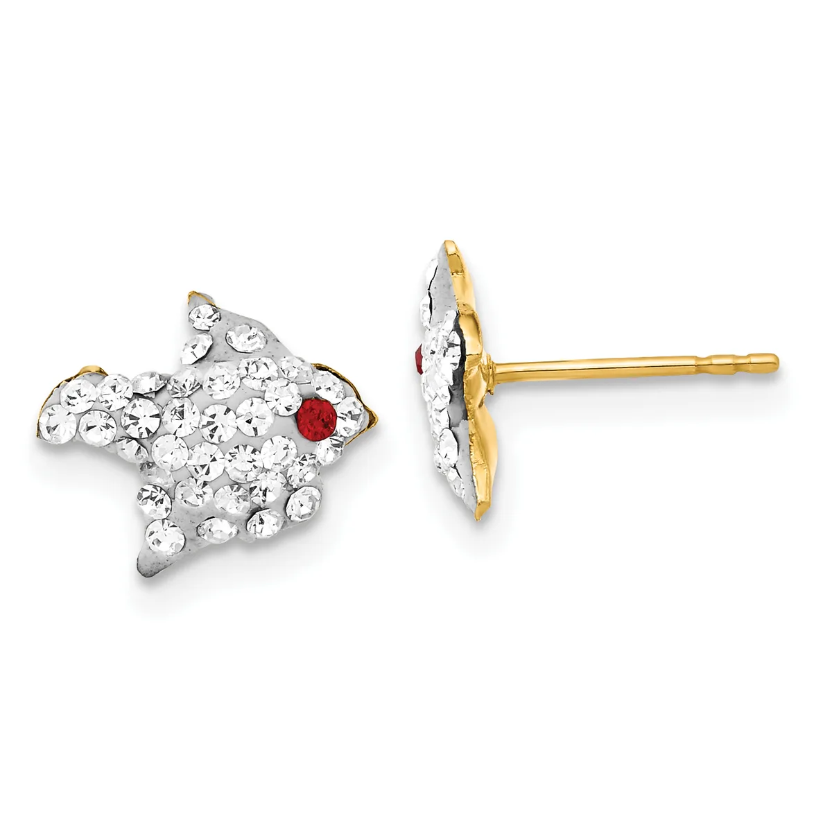Pair of gold stud earrings shaped like fish, decorated with clear crystals and a single red crystal for the eye, shown from front and side views.