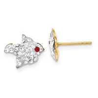 Pair of gold stud earrings shaped like fish, decorated with clear crystals and a single red crystal for the eye, shown from front and side views.