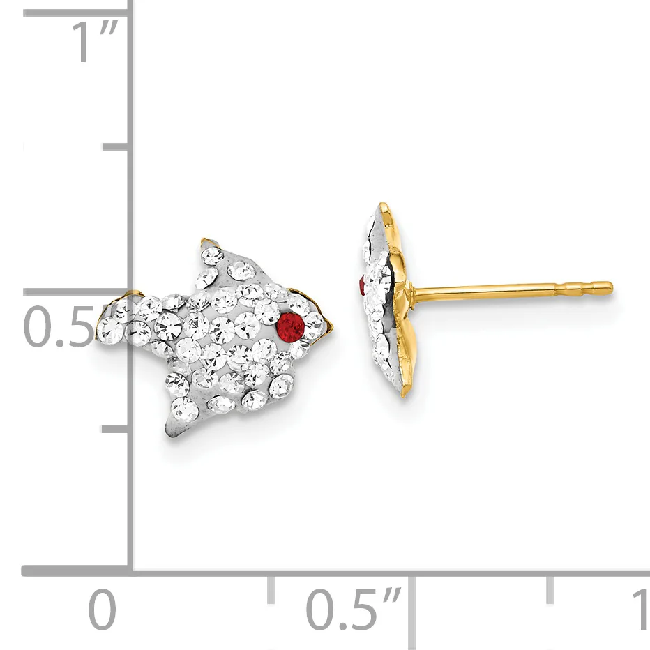 Pair of fish-shaped stud earrings with gold posts, decorated with clear rhinestones and a red stone accent, shown at actual size on a measurement scale.
