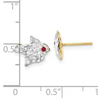 Pair of fish-shaped stud earrings with gold posts, decorated with clear rhinestones and a red stone accent, shown at actual size on a measurement scale.