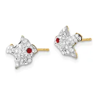 Pair of four-pointed star-shaped stud earrings with clear rhinestones and red gemstone accents, featuring gold-tone posts and backs.